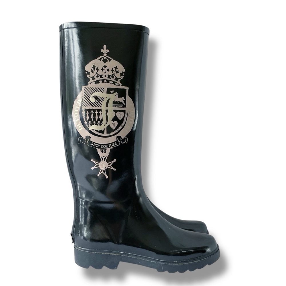 Juicy Couture Slick Knee-High Black Rubber Rain Boots Size 8